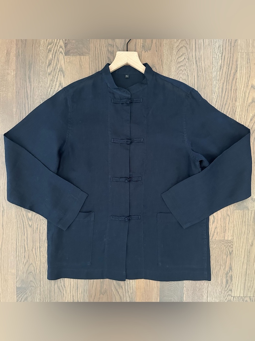 Dosa 100% Linen Crew Neck Frog Closure Chore Coat Jacket in Navy Blue XXS/XS